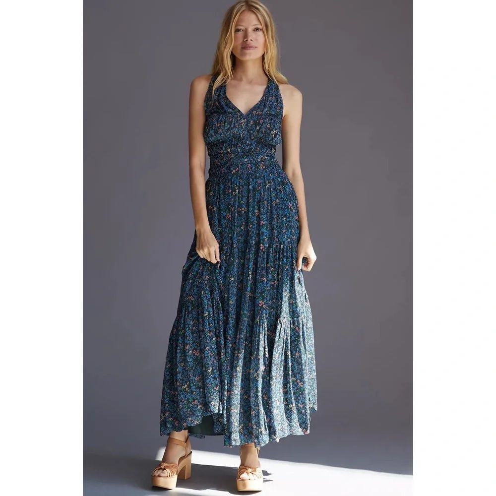 Anthropologie Maeve Halter-Neck Ruched Maxi Dress